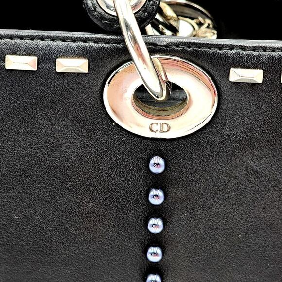 CHRISTIAN DIOR Black Leather Studs Embellished Medium Lady Dior Tote RARE - Picture 9 of 17